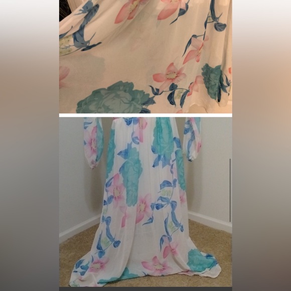 1960's Hollywood Regency Cocktail Low V Neck Sheer Maxi Dress - Picture 2 of 5